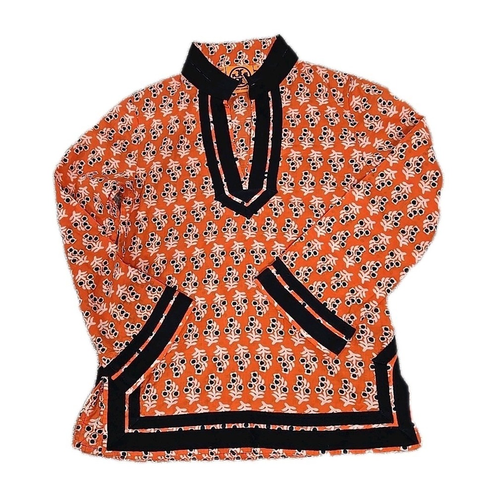 TORY BURCH Tunic Long‎ Sleeve Shirt Blouse  Orange Black Girls Size M/ 4-6